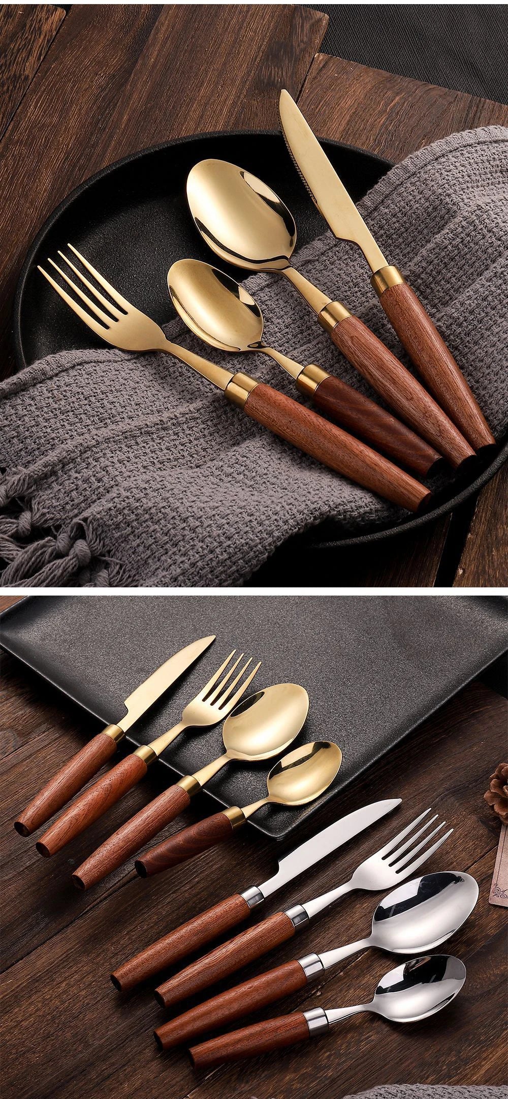 4pcs Wooden Handle Cutlery Set Stainless Steel Knife Fork Spoon Suit Sapele Wooden Western Flatware Dishwasher Safe Kitchen Item