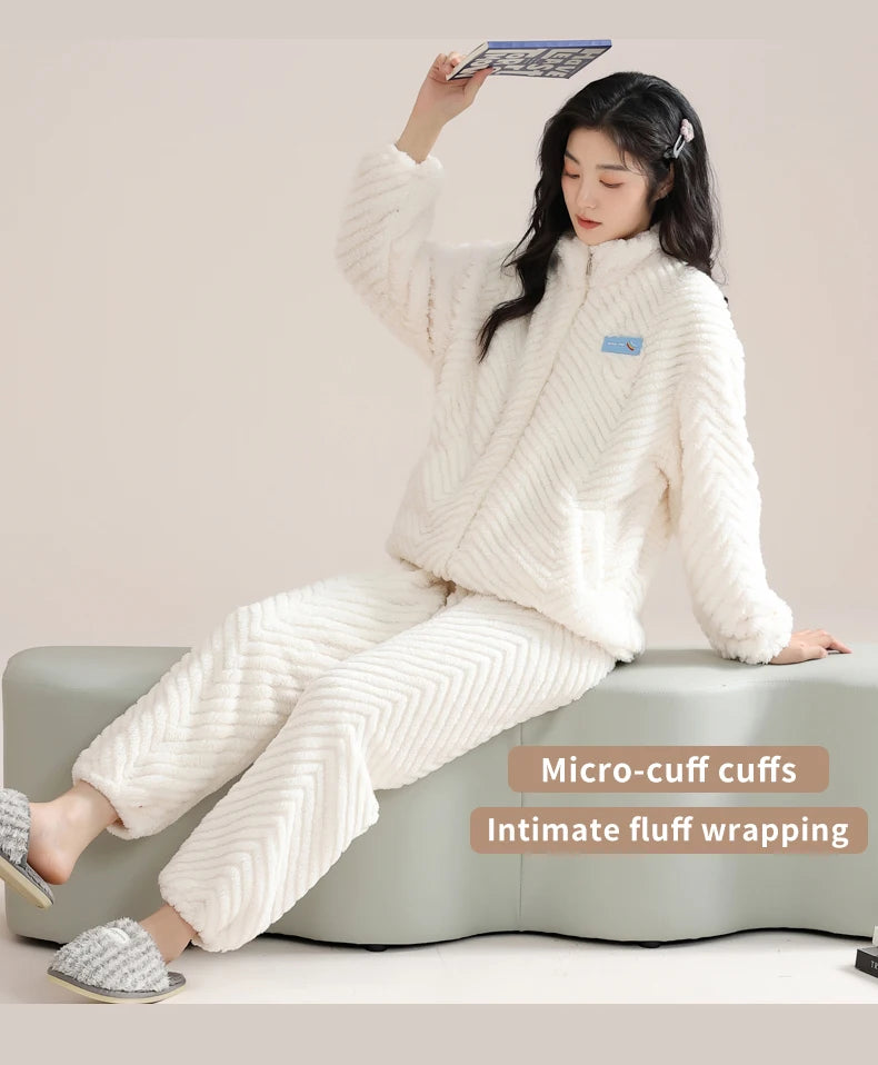 Women’s Winter Flannel Pajama Set – Thick, Soft Coral Fleece with Zipper & Oversized Fit