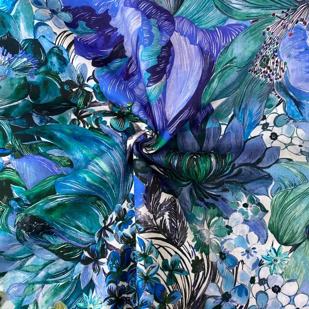 80S Like Liberty Fabric blue Marina seaflower Cotton Long-staple  Designer High-density Women's dress Children's Clothing  cloth