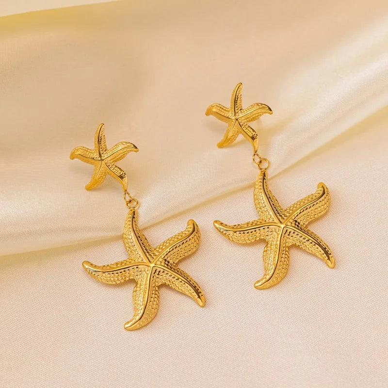 Trendy Starfish Pendant Necklace For Women Girls 18K Gold Plated Stainless Steel Choker Chains Earrings 45 cm