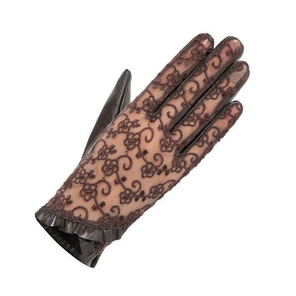 Spring Women Real Leather Gloves Ladies Elegant Gloves Women's Black Driving Gloves Anti-UV Touch Screen Lace Mittens