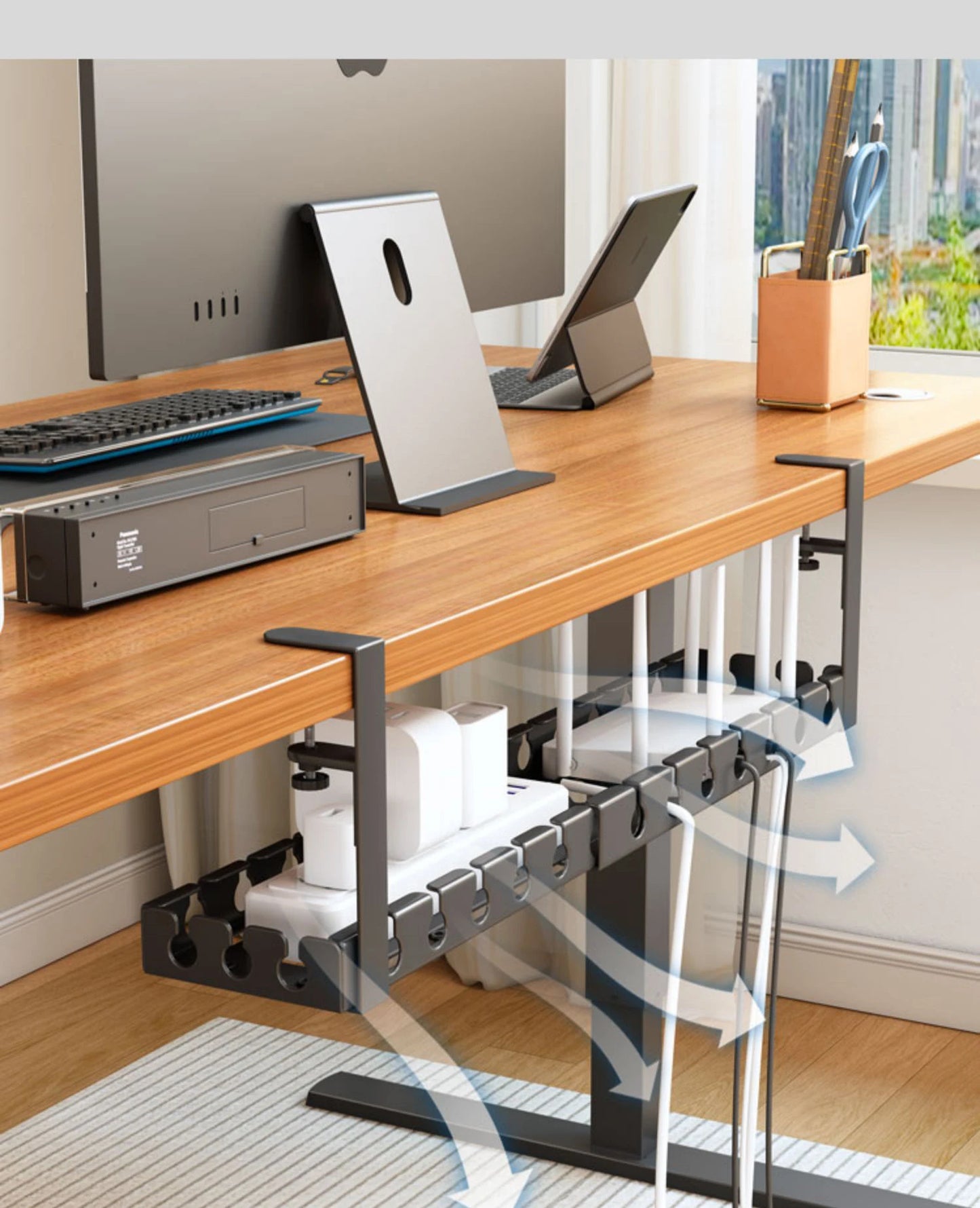 Under Desk Cable Management Tray, Extendable Sturdy Steel Under Desk Cord Hider Raceway,Power Strip Cord Holder Wire Management