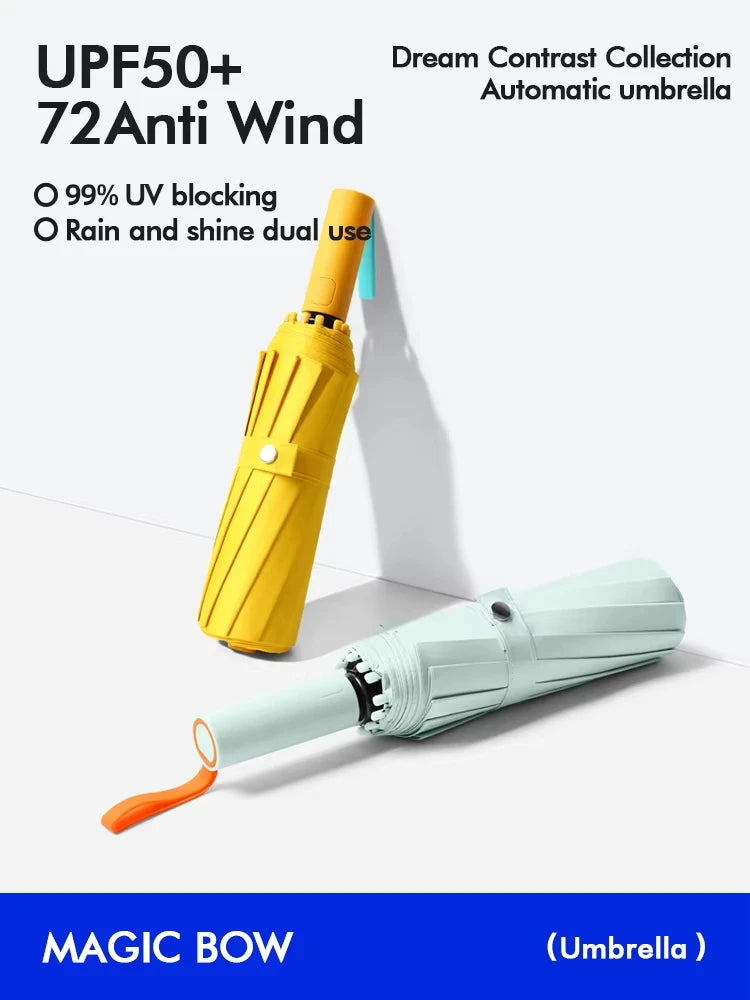 Automatic 12 Rib Folding Umbrella Three Fold Sun Rain Windproof UV Protection Compact Travel Umbrella