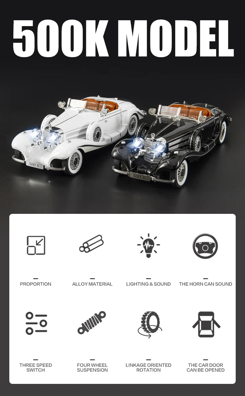 Diecast 1/18 1936 500K Classic Car Alloy Metal Model Sound And Light Toy Collect Display Ornament
