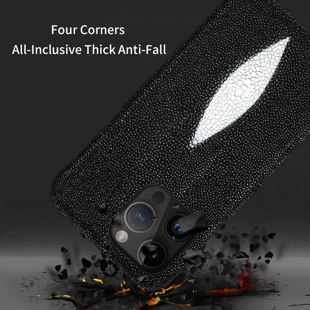 Genuine Stingray Leather Phone Case for iPhone 16 15 14 Pro Max Plus 14Pro 15Pro max Luxury Shockproof Back Cover