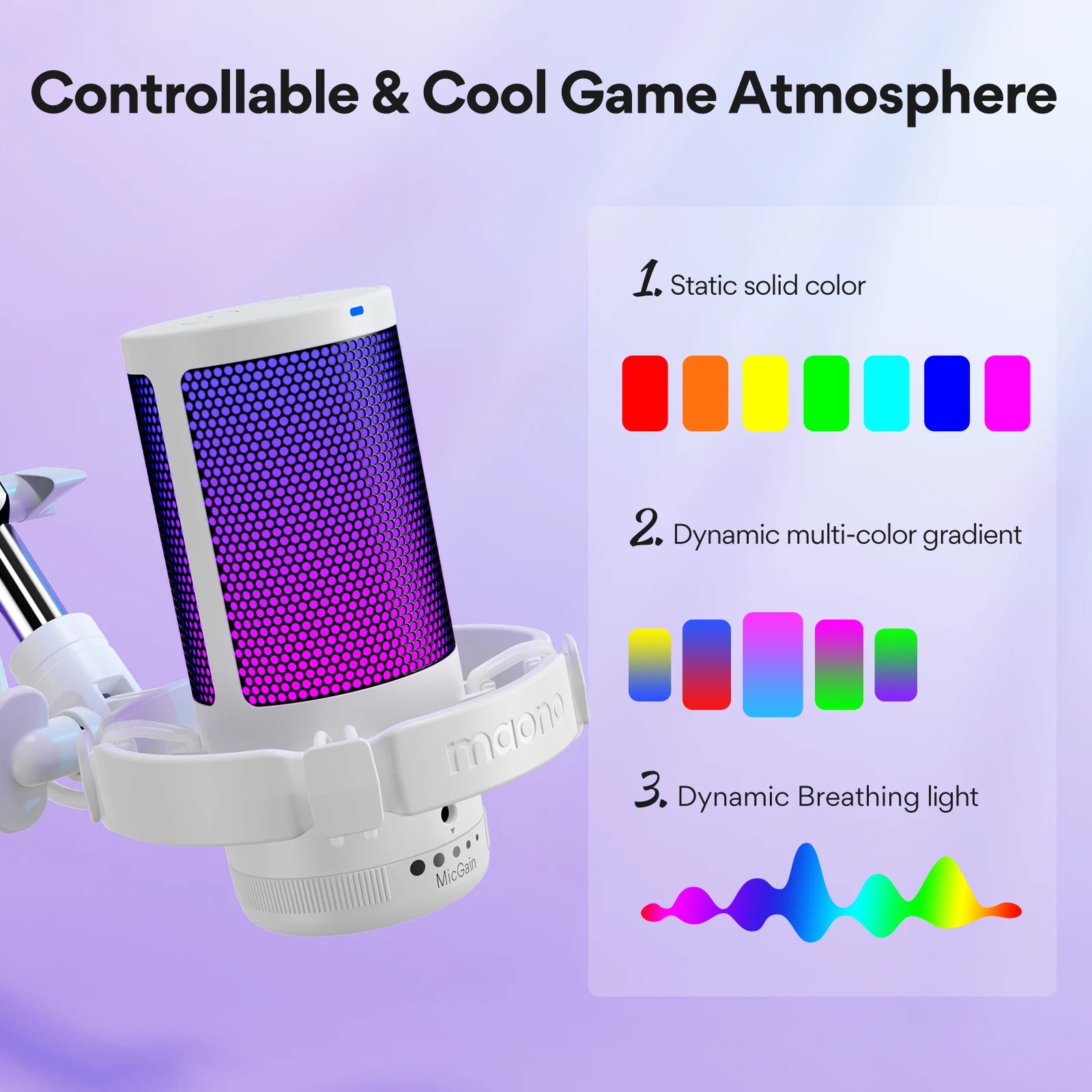 Gamerwave DGM20S USB Microphone Gaming Mic Condenser Mic RGB Mic Noise Canceling Mic with Mic Gain,RGB Light,One key mute