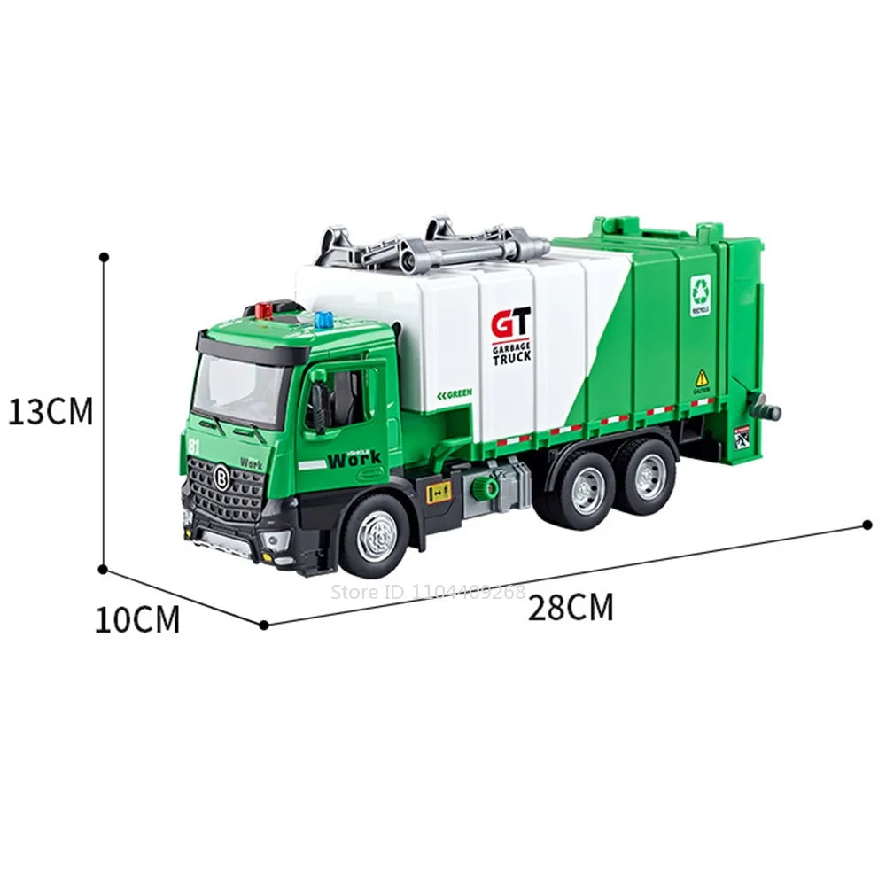 1:24 Pneumatic Garbage Car Electric Mixer Truck Toy Model Alloy Diecast Sound Light Engineering Vehicle Desktop Ornaments