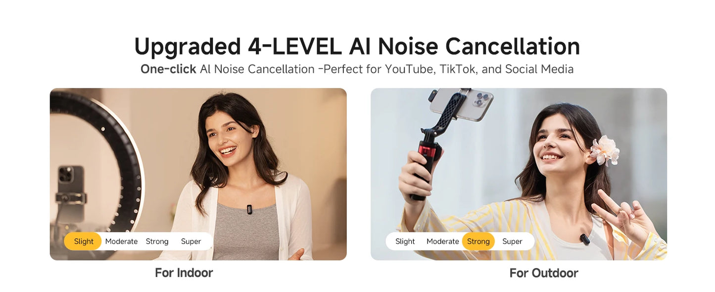 Wireless Lavalier Microphone with AI Noise Cancellation Auto Clipping and App Control