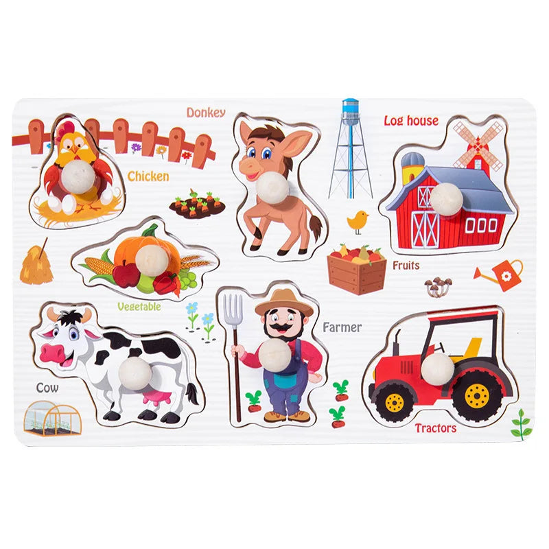 Montessori Wooden Puzzles Hand Grab Boards Toys Tangram Jigsaw  Educational Toys Cartoon Vehicle Animals Fruits 3D Puzzles