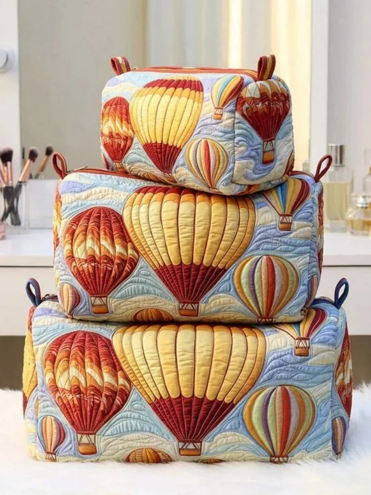 3-Size Quilted Cosmetic Bag 3D Printed Cute Animal Floral Printed Patchwork Makeup Toiletry Pouch Travel Organizer Storage Box