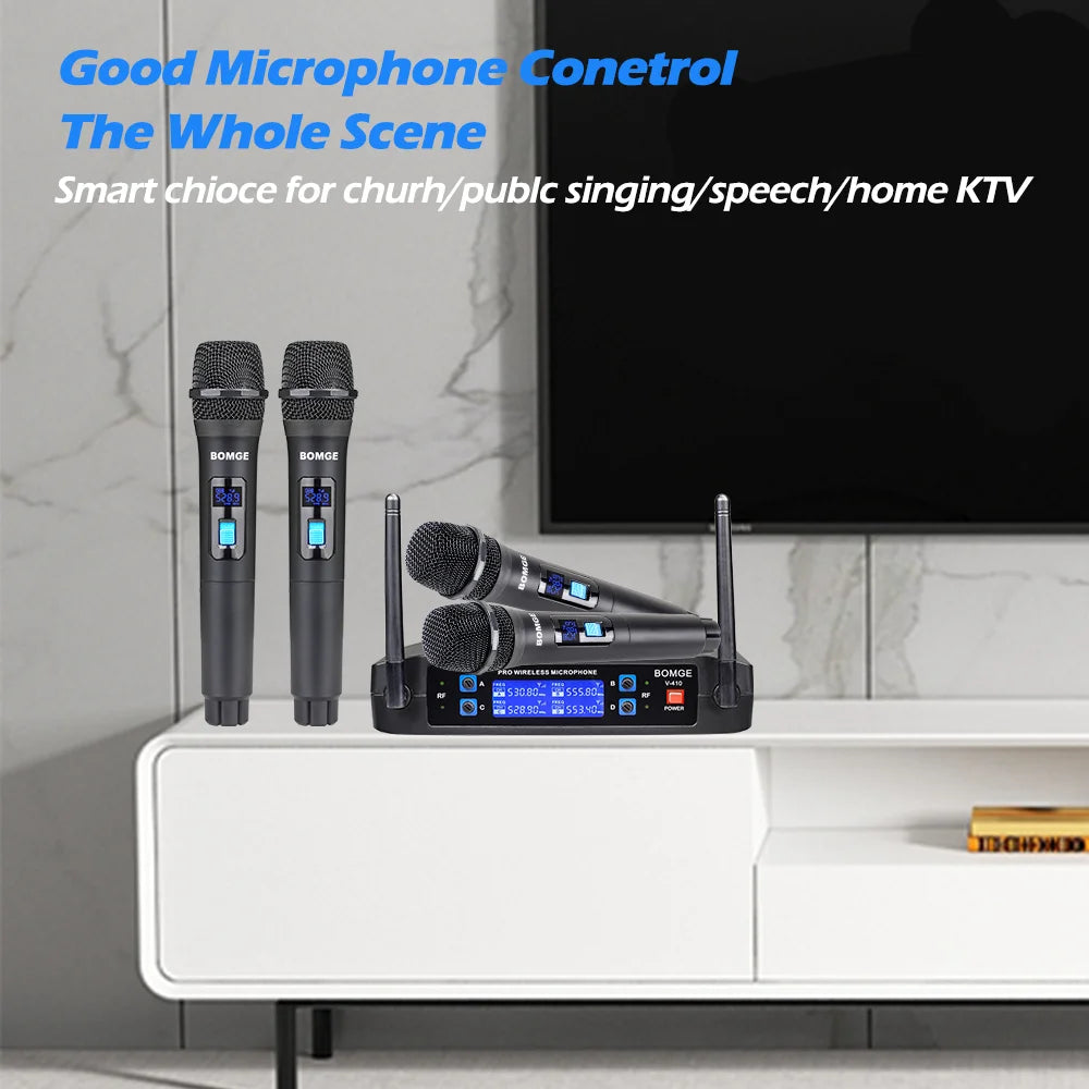 4 Channel Wireless Microphone System with Handheld Dynamic Mics and Long Range