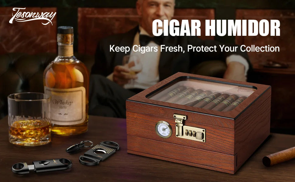 Cigar Humidor Cedar Wood Humidor Cigar Box Glass Top Desktop Humidor with Front Hygrometer Humidifier Divider Accessories Drawer