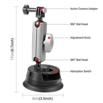 Car Suction Cup Arm Mount with Mount Adapter & Long Screw for Gopro / DJI / Insta360 X3 and other Sports Action Camera