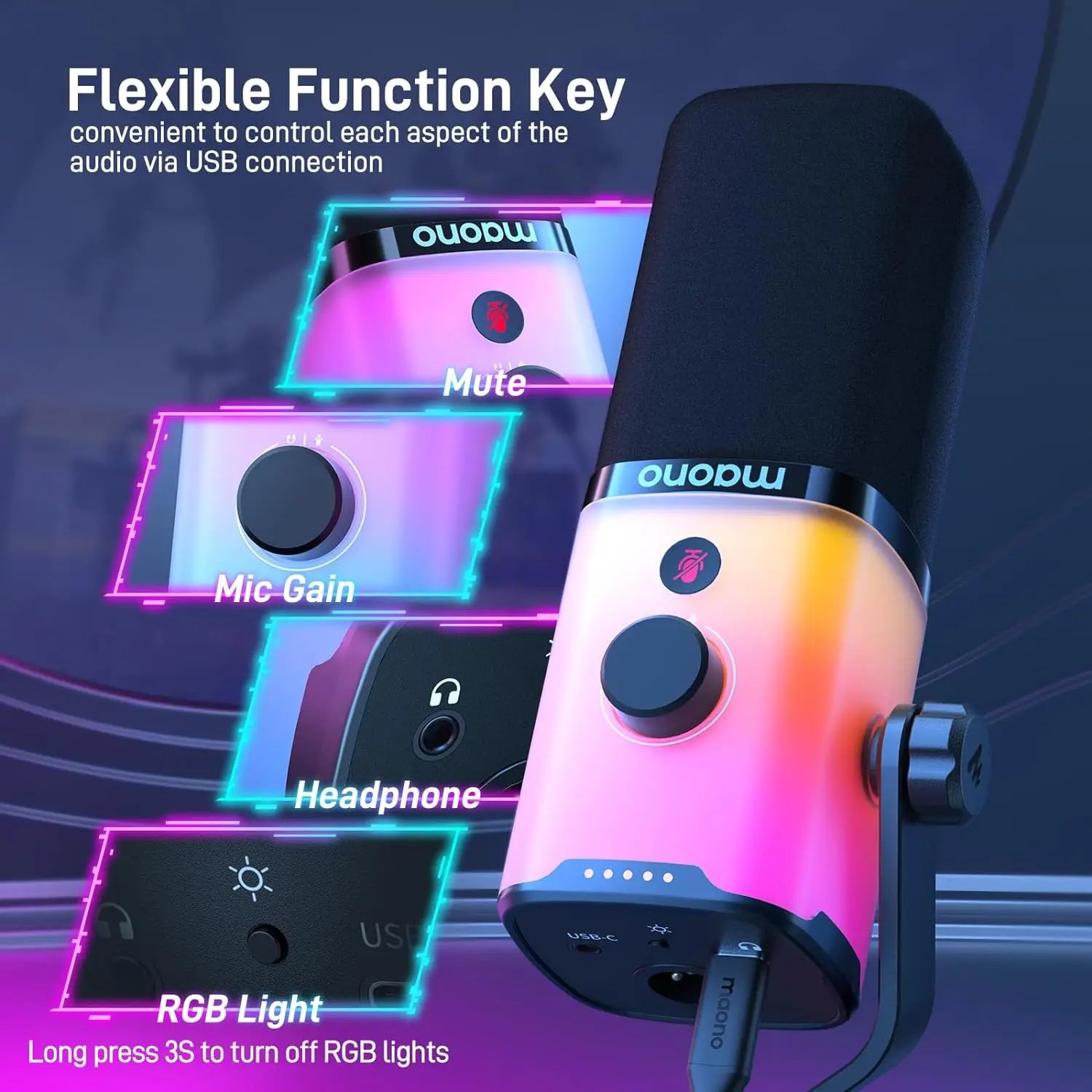 PD100X Gaming MIC,USB/XLR Dynamic Microphone with Noise Reduction, Mute, Headphone Jack, RGB MIC for Gamer Streaming Podcast