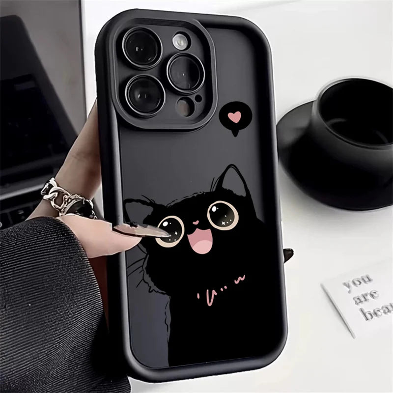 Lovely Black Cat Silicone Case For iPhone 17 16 15 14 Pro Max 16E 16 Plus 17Air Shockproof Back Covers