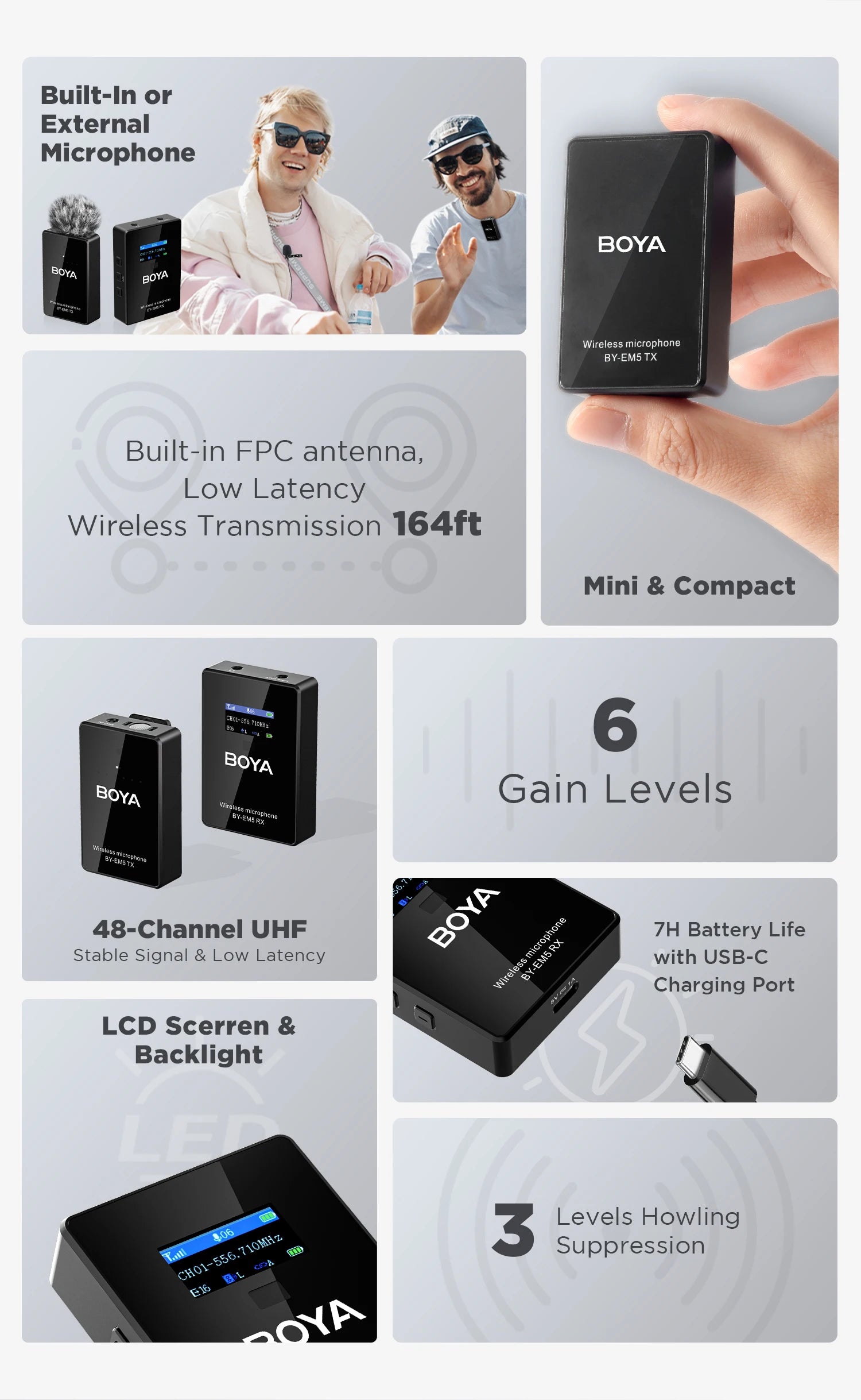 BY-EM5-K1 48-Channel UHF Wireless Lavalier Microphone for iPhone Android PC DSLR Cameras Online Teaching Streaming Youtube