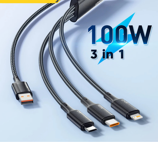 3-in-1 100W Fast Charging Cable (USB-C + Lightning + Micro)