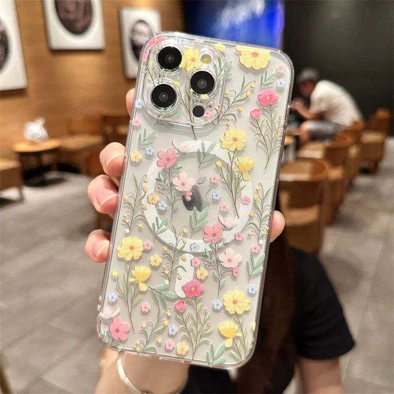 Transparent Clear MagSafe  Floral Flower Case for iPhone 16 14 15 Pro Max 15 Plus – Wireless Charging Shockproof Cover
