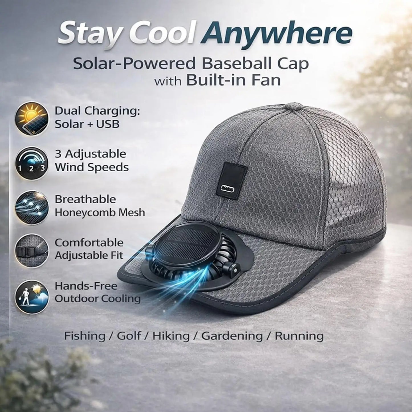 Wide Brim Solar Fan Hat With USB Charging