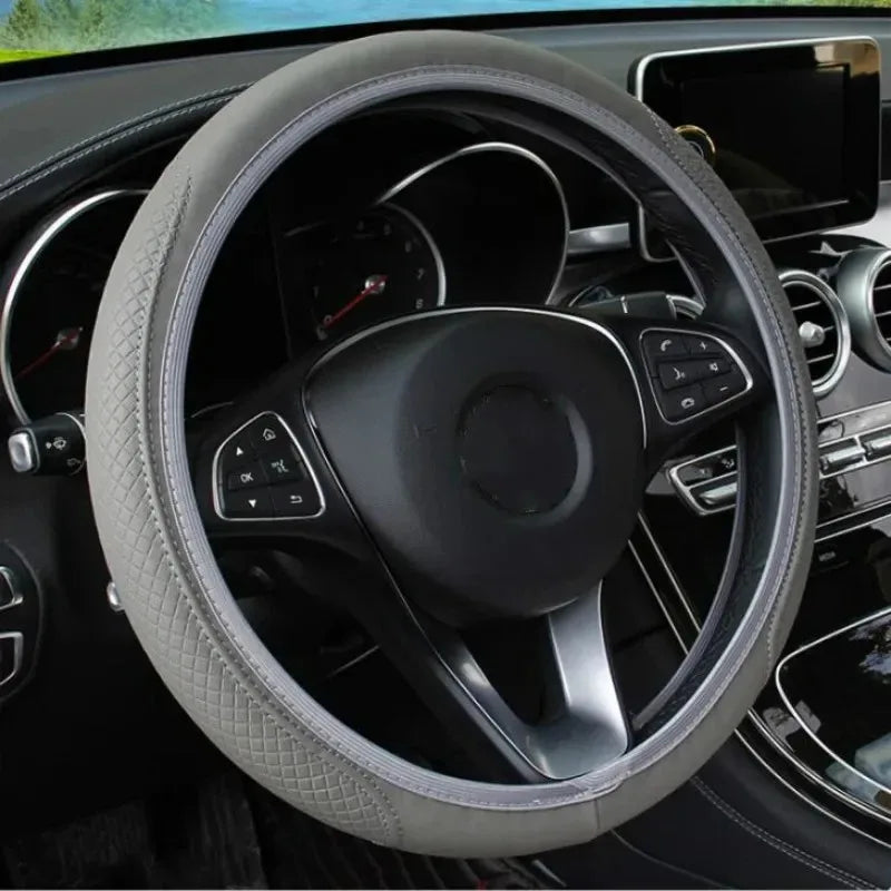 Embossed Leather Car Steering Wheel Cover Anti Slip 37CM 39CM