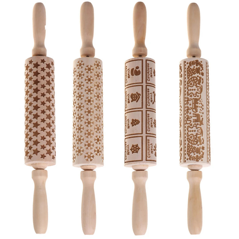 Christmas 35x4.5cm Wooden Rolling Pins Rock Snowflake Elk Engraved Baking Cookies Rolling Pin for Cake Patterned Baking 3D Mold