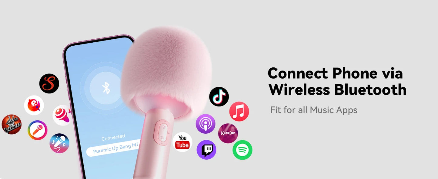 Bluetooth Karaoke Microphone with Fluffy Cover, 2-in-1 Handheld Mic & Speaker with Dynamic LED Lights for Party Singing
