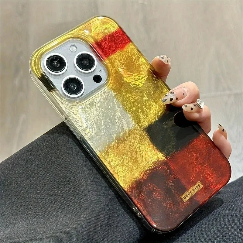 Dopamine Color Block Match Plaid Phone Case For iPhone 17 16 15 14 16E Grid Label Matte Cover