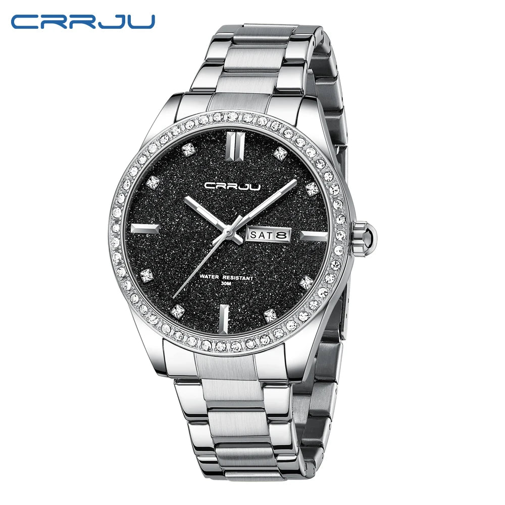 New Luxury Rhinestones Dial Watches with Stainless Steel Band Wristwatch with Auto Date and Luminous Relogio Masculino
