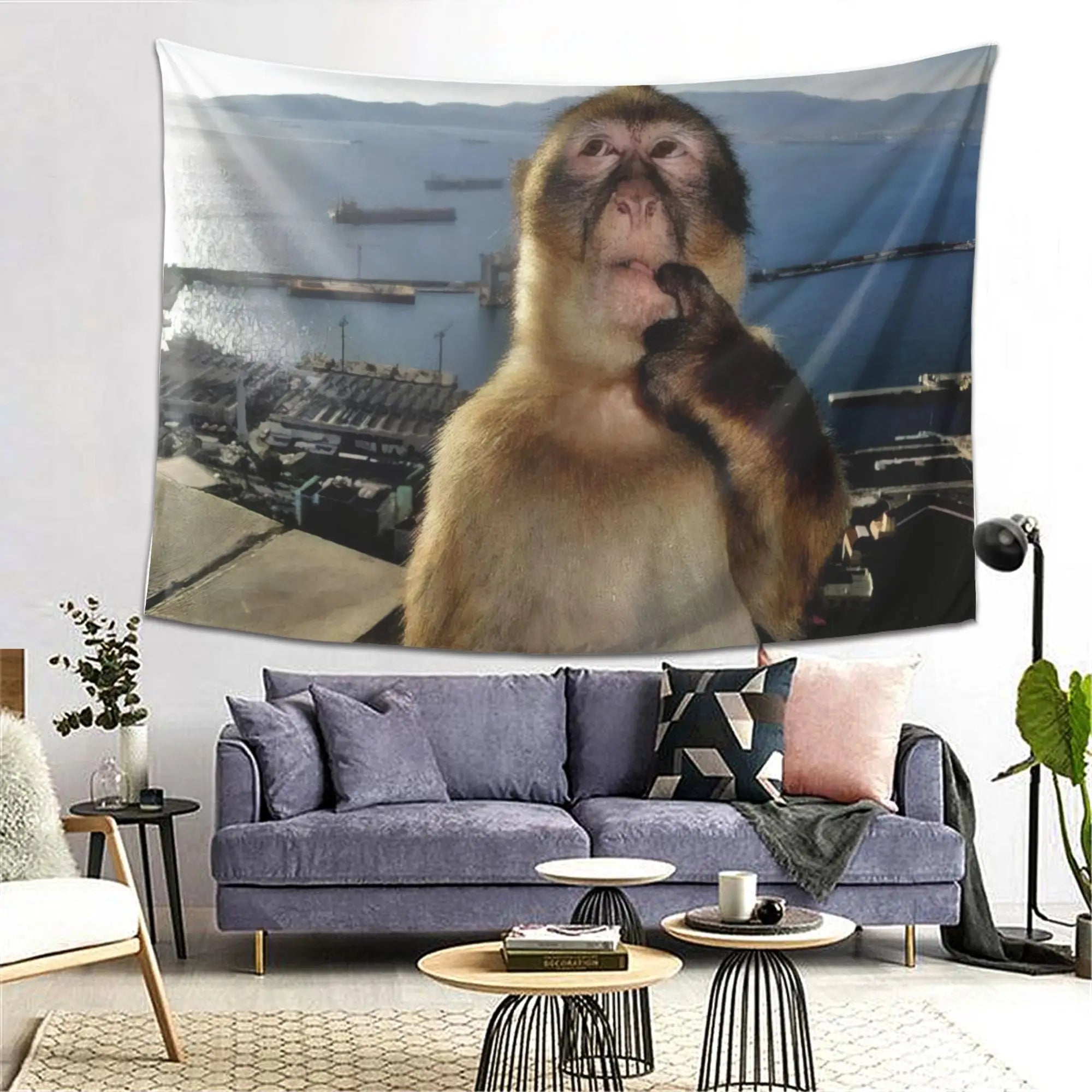 Contemplation Monkey Ocean Tapestry Sailboat Far Mountain City Panoramic Living Room Sofa Background Wall Decoration
