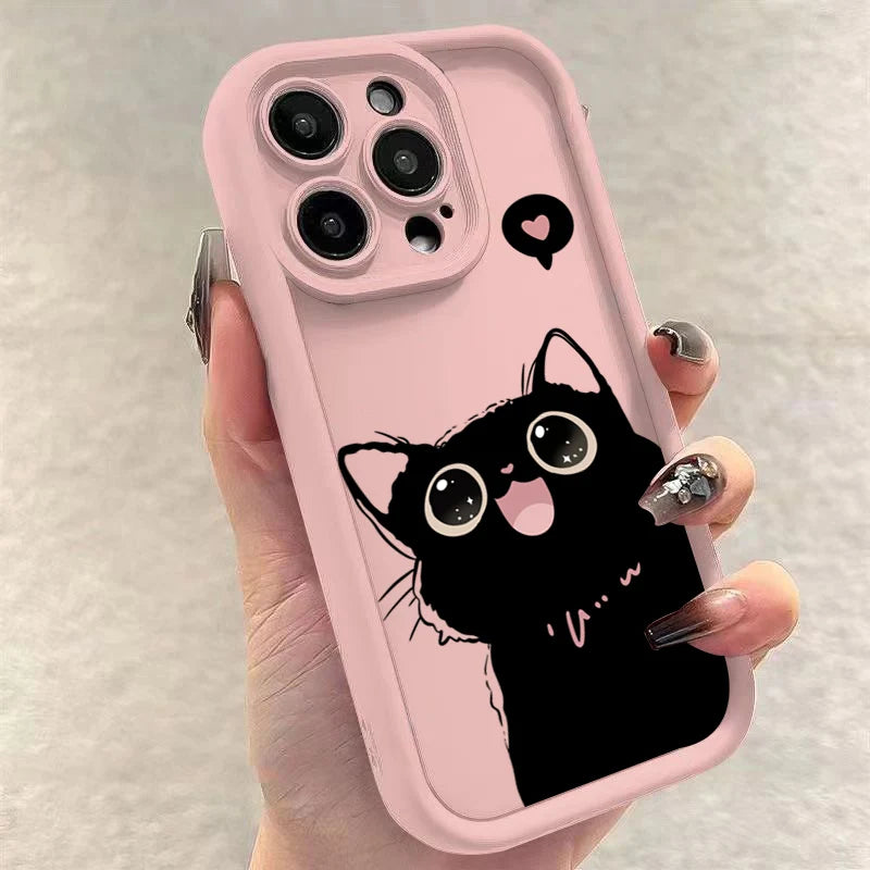 Lovely Black Cat Silicone Case For iPhone 17 16 15 14 Pro Max 16E 16 Plus 17Air Shockproof Back Covers
