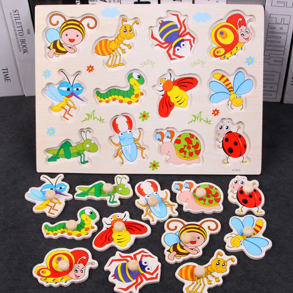 Montessori Wooden Puzzles Hand Grab Boards Toys Tangram Jigsaw  Educational Toys Cartoon Vehicle Animals Fruits 3D Puzzles