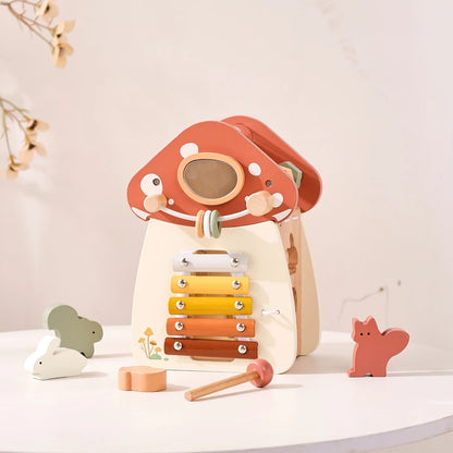 Wooden Building Block For Babies Music Percussion Game Newborn Education Mushroom House 5 in 1 Cartoon Animal Shape Matching Toy