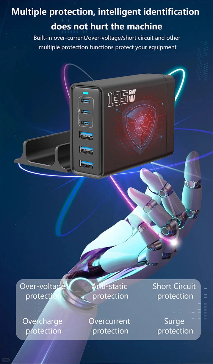135W Gallium Nitride Charger Gallium Nitride Desktop Multi Port Fast Charging USB Desktop Charging Station Multi Port Charger