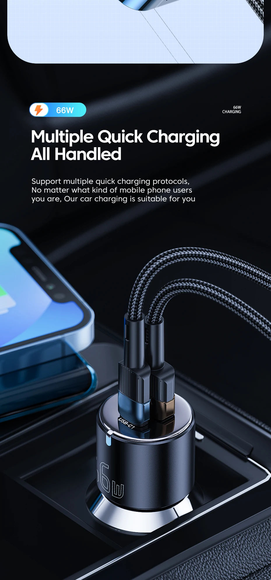66W USB-C + USB-A Fast Car Charger (PD + QC 3.0)
