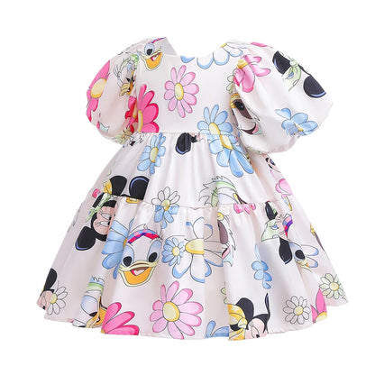 Mickey Mouse Daisy Cartoon Puff Sleeve Clothes Summer Baby Girl Casual Dress Girls Backless Cute Princess Dresses