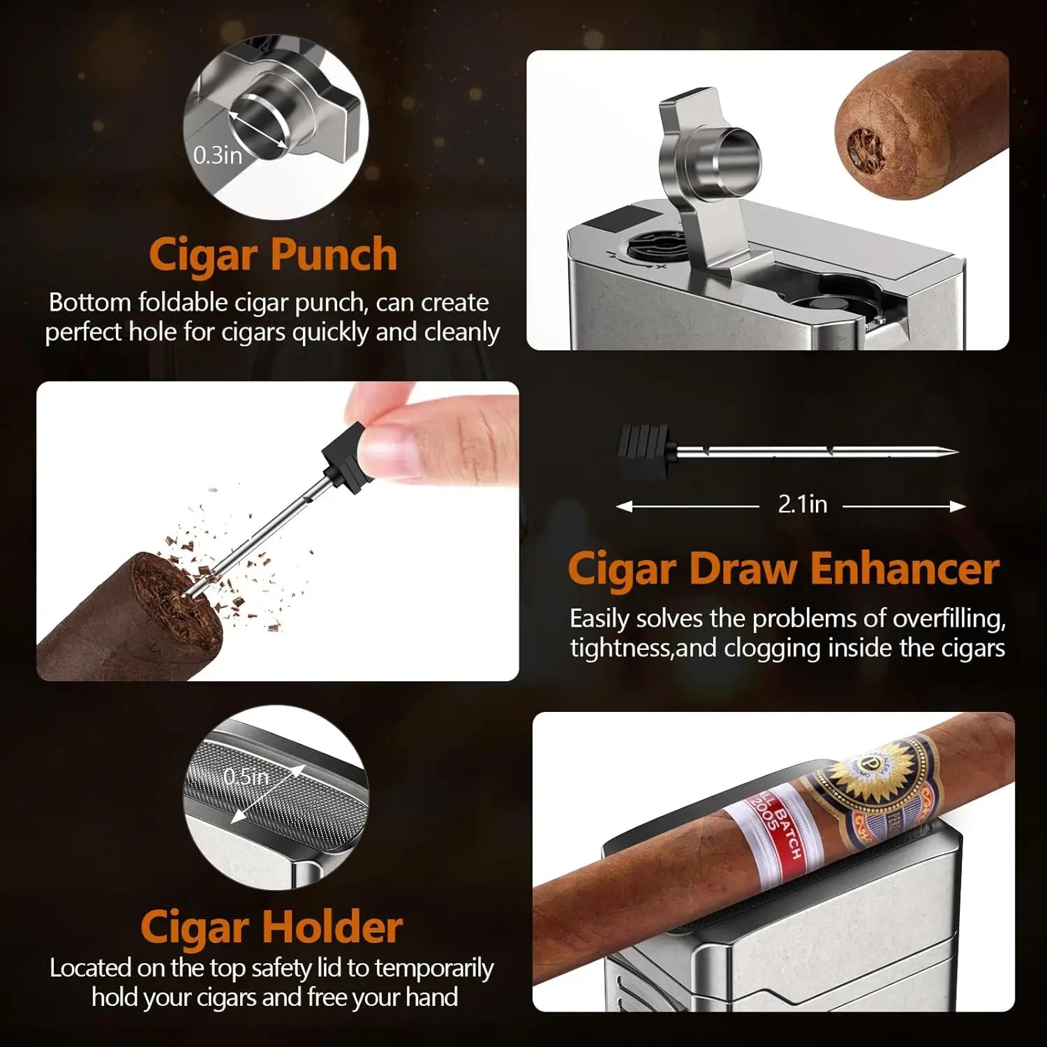 Cigar Lighter 4 Jet Flame,Refillable Butane Lighter with Cigar Cutter V Cut Cigar Punch Cigar Holder Cigar Draw Enhancer