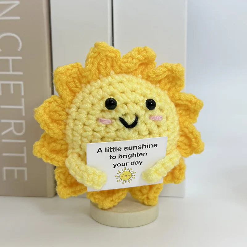 3 Pcs Funny Positive Crochet Sunshine Doll Desktop Ornament Handmade Cheer Emotional Support Positive Sun with Card Home Party Decor
