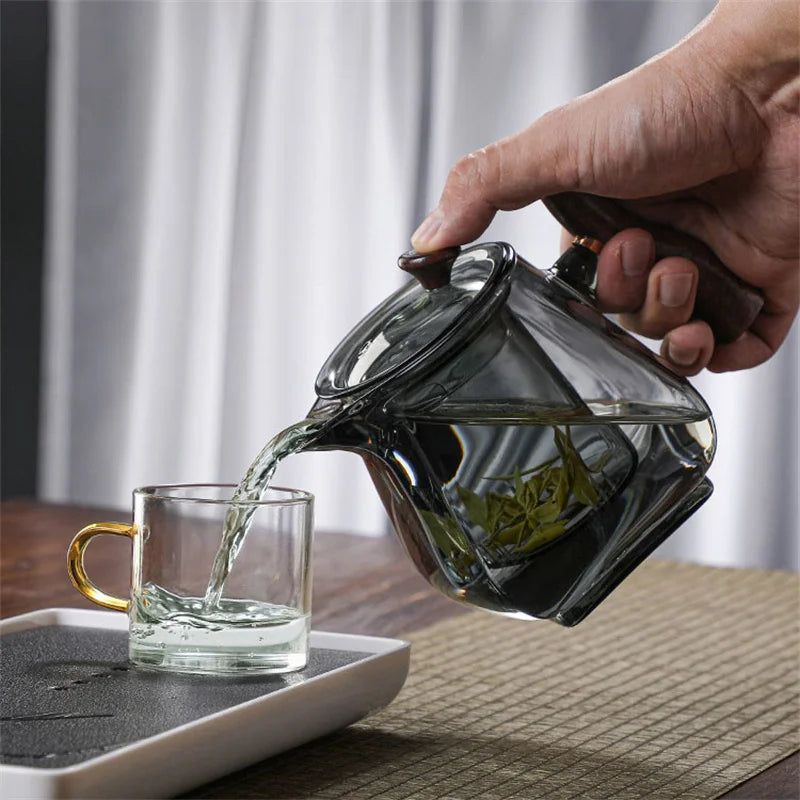 Japanese Style Glass Teapot with Wooden Handle and Infuser