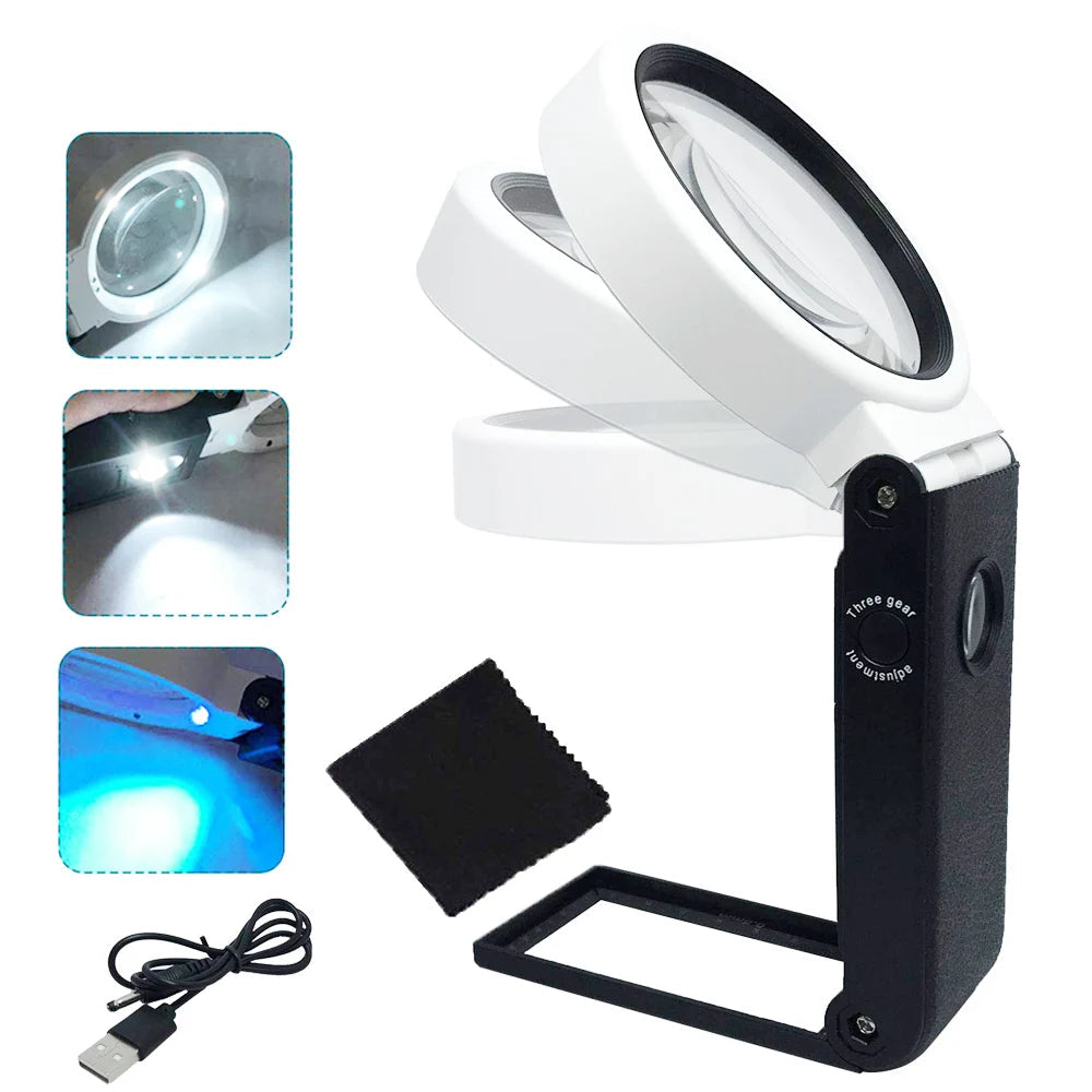 3X 5X 25X LED Handheld Magnifying Glass with Stand Foldable Reading Magnifier
