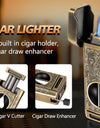 Cigar Lighter 4 Jet Flame, Refillable Butane Lighter with Cigar Cutter V Cut Cigar Punch Cigar Holder Cigar Draw Enhancer