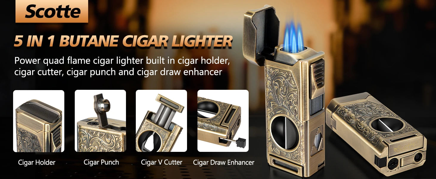 Cigar Lighter 4 Jet Flame, Refillable Butane Lighter with Cigar Cutter V Cut Cigar Punch Cigar Holder Cigar Draw Enhancer