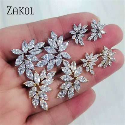 Leaf Cubic Zircon Stud Earrings for Women Shinny Sliver Color Crystal Flower Earring