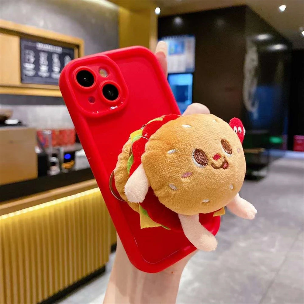 Cute 3D Cartoon Burger Fries Holder Case For iPhone 15 14 13 Pro Max Plus Funny Lovely Korea Silicone Soft Back Cover