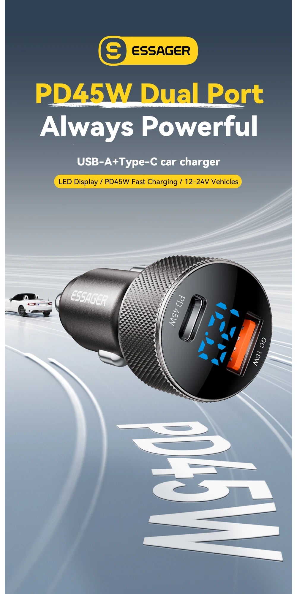 45W USB C Car Charger PD3.0 QC3.0 Fast Charging 2 Port Adapter with Digital Display