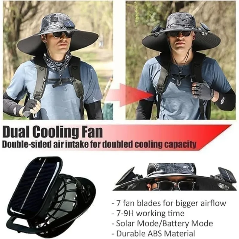 Wide Brim Solar Fan Hat With Dual Fans