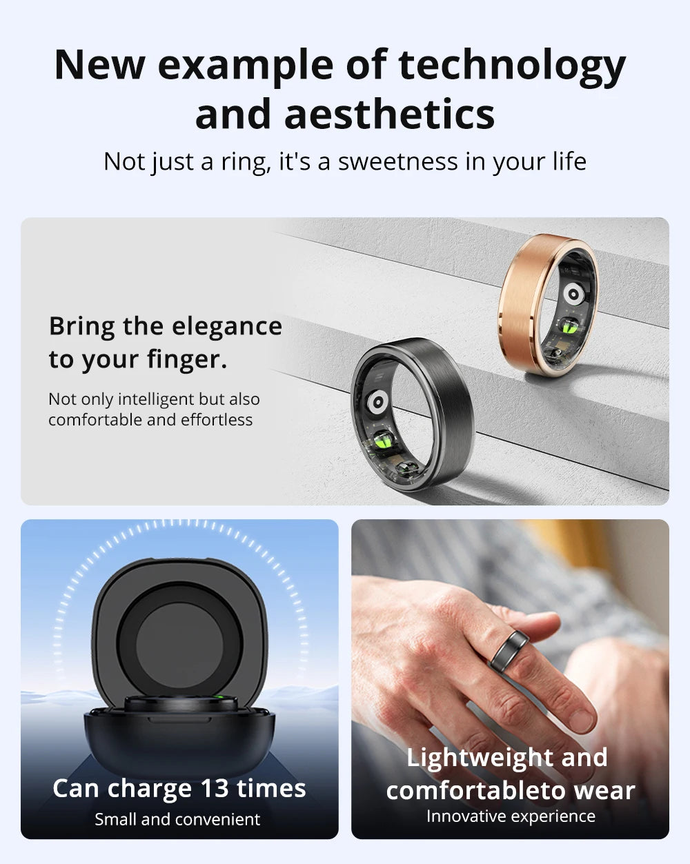 R03 Smart Ring Charging Case Men Women, Battery Life 39 Days, Health Monitor, IP68 & 5ATM Waterproof, Multi-sport Mode