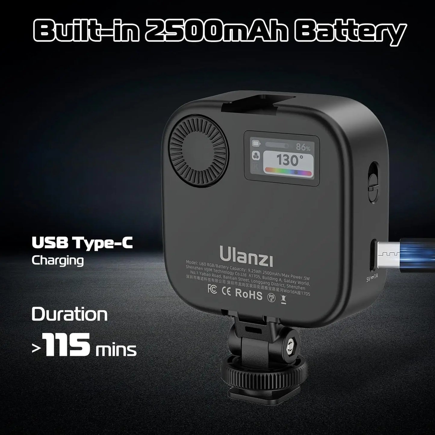 U60 Mini Pocket LED Video Lamp – RGB 2500-9000K Rechargeable Photography Light with LCD Screen & Cold Shoe Mount