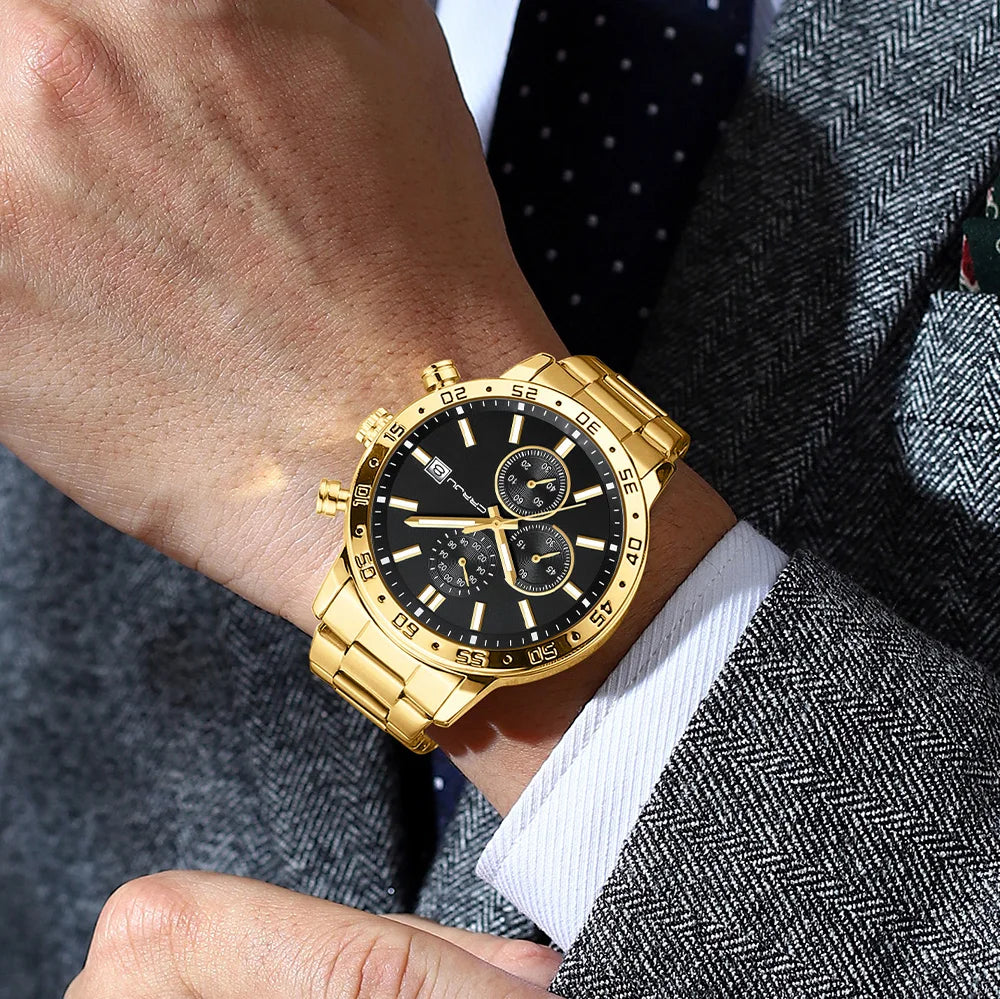 Fashion Mens Business Stainless Steel Band Quartz Watches with Calendar Chronograph Luminous Analog Wristwatch Man
