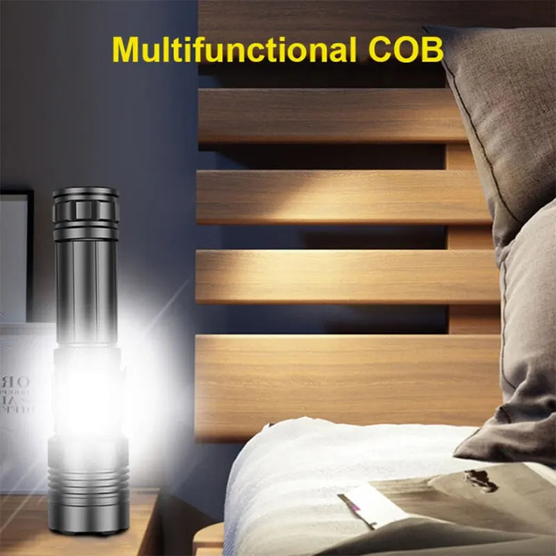 XHP120 LED Flashlight Rechargeable Zoom Tactical Torch with COB Side Light Power Bank Function