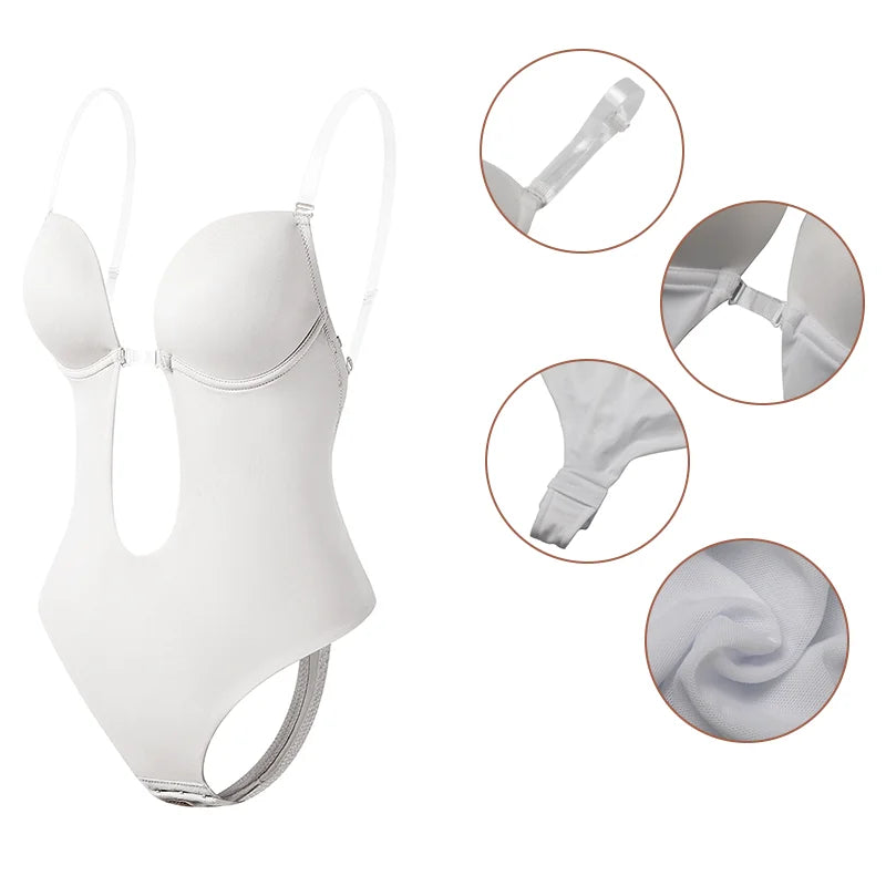 Women U Plunge Backless Bodysuit Shapewear – Deep V-Neck Tummy Control Body Shaper